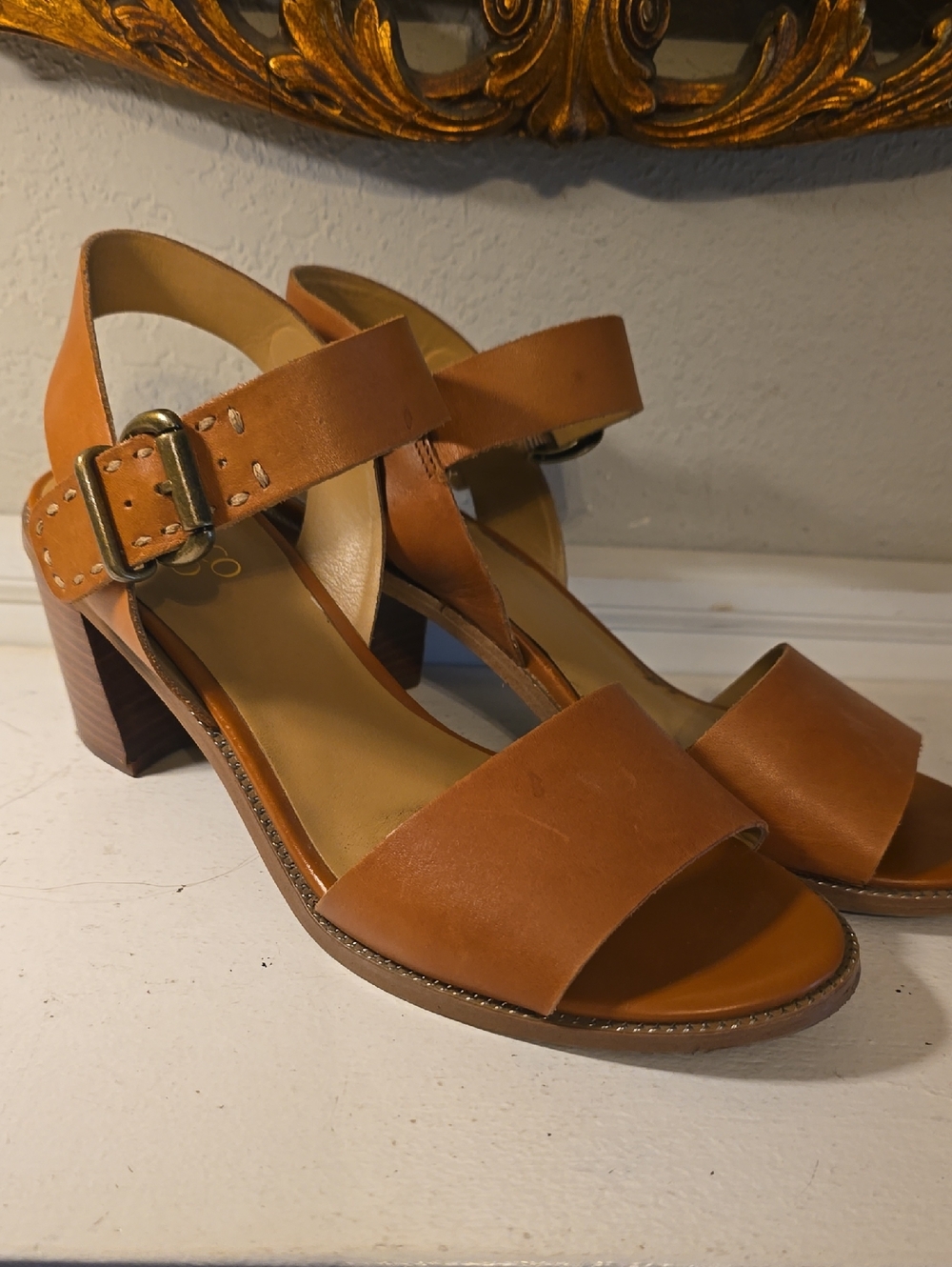 Franco Sarto Tan Leather Block Heel Sandals with Buckle Strap